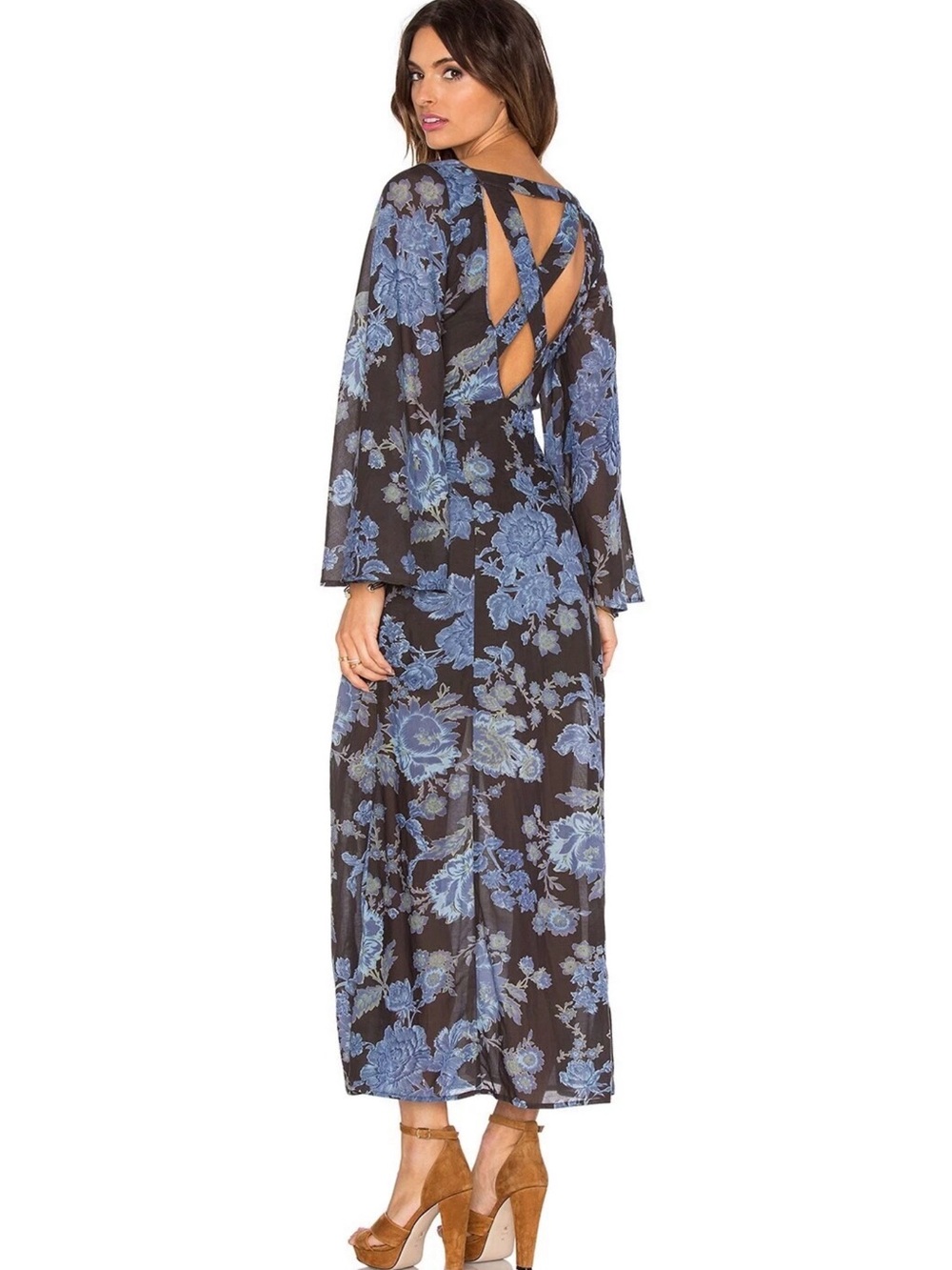 Free People Boho Midi Dress with Blue Floral Print Sz 4 cut off back